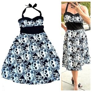 SKULL PRINT halter DRESS pin-up midi skulls black white retro Halloween costume
